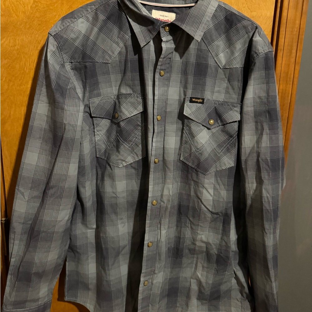 Wrangler MEN'S BROKEN TWILL PLAID SHIRT FLANNEL SIZE L BLUE